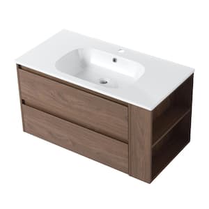 35.6 in. W x 18.1 in. D x 19.4 in. H Single Sink Wall Mounting Bath Vanity in Brown Oak with White Gel Top