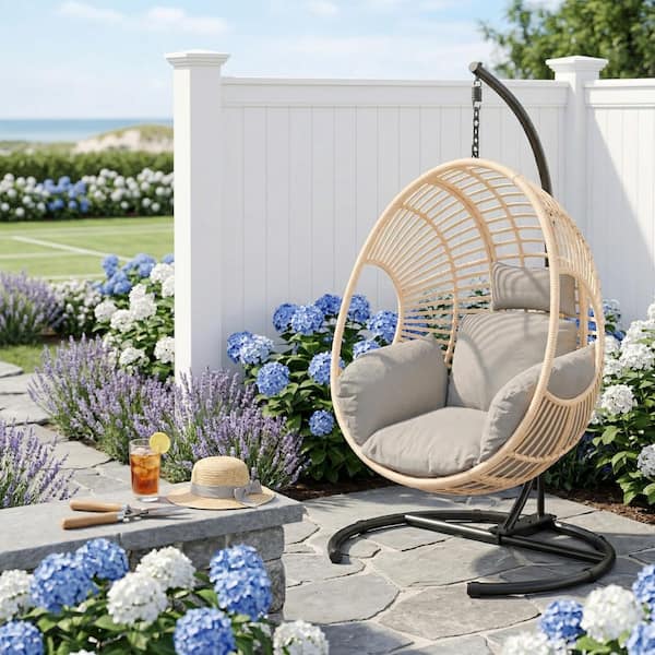 42 in. Freestanding Hanging Natural Egg Chair, 400 lbs. Outdoor Swing with Cushion, Weatherproof Rattan and Cover