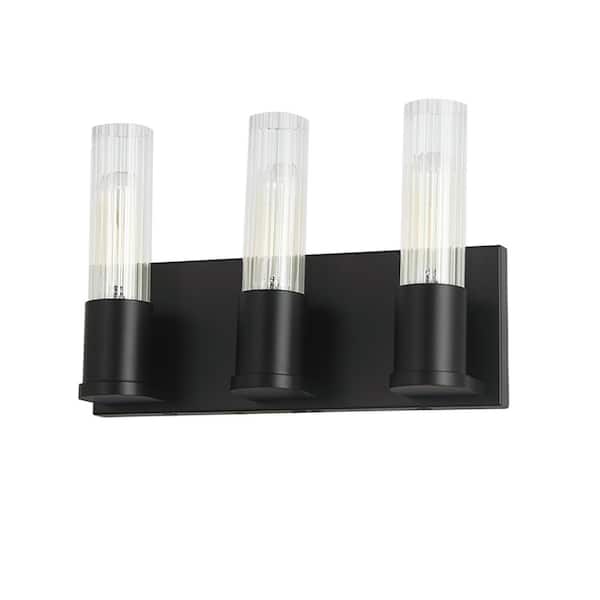 Dainolite Tube 12.75 in. 3 Light Matte Black Vanity Light with Clear Glass Shade