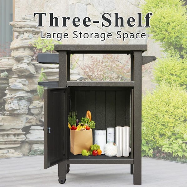 Unbranded Grill Carts Outdoor with Storage and Wheels, Whole Metal Portable Table and Storage Cabinet for BBQ, Deck in Brown