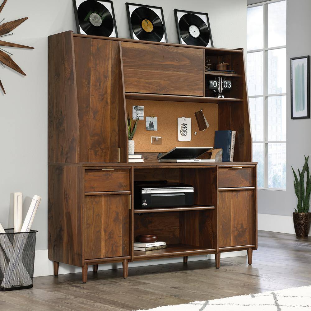 Grand Walnut Mid-Century 59'' Storage Credenza with Brass Accents