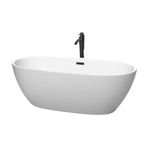 Wyndham Collection Juno 67 in. Acrylic Flatbottom Bathtub in Matte White with Matte Black Trim and Faucet