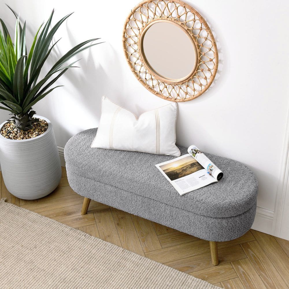 Gray 43.5 in. Oval Bedroom Bench Linen Fabric Upholstered Storage Ottoman B