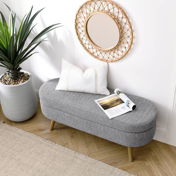 Unbranded Gray 43.5 in. Oval Bedroom Bench Linen Fabric Upholstered Storage Ottoman Bench with Solid Wood Legs Entryway Bench