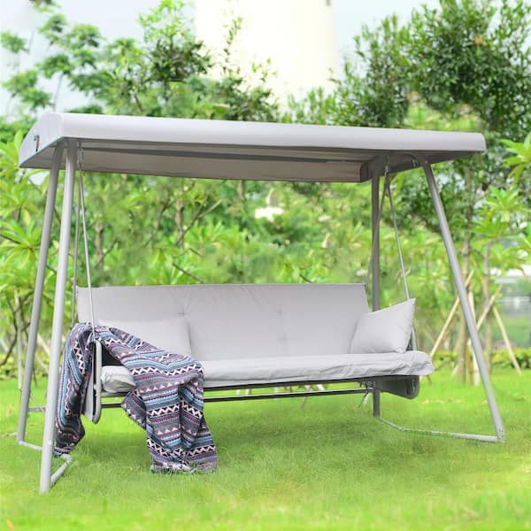 Maincraft 98.8 in. 3-Person Gray Metal Outdoor Patio Swing Chair Swing Bed with Cushion and Adjustable Canopy