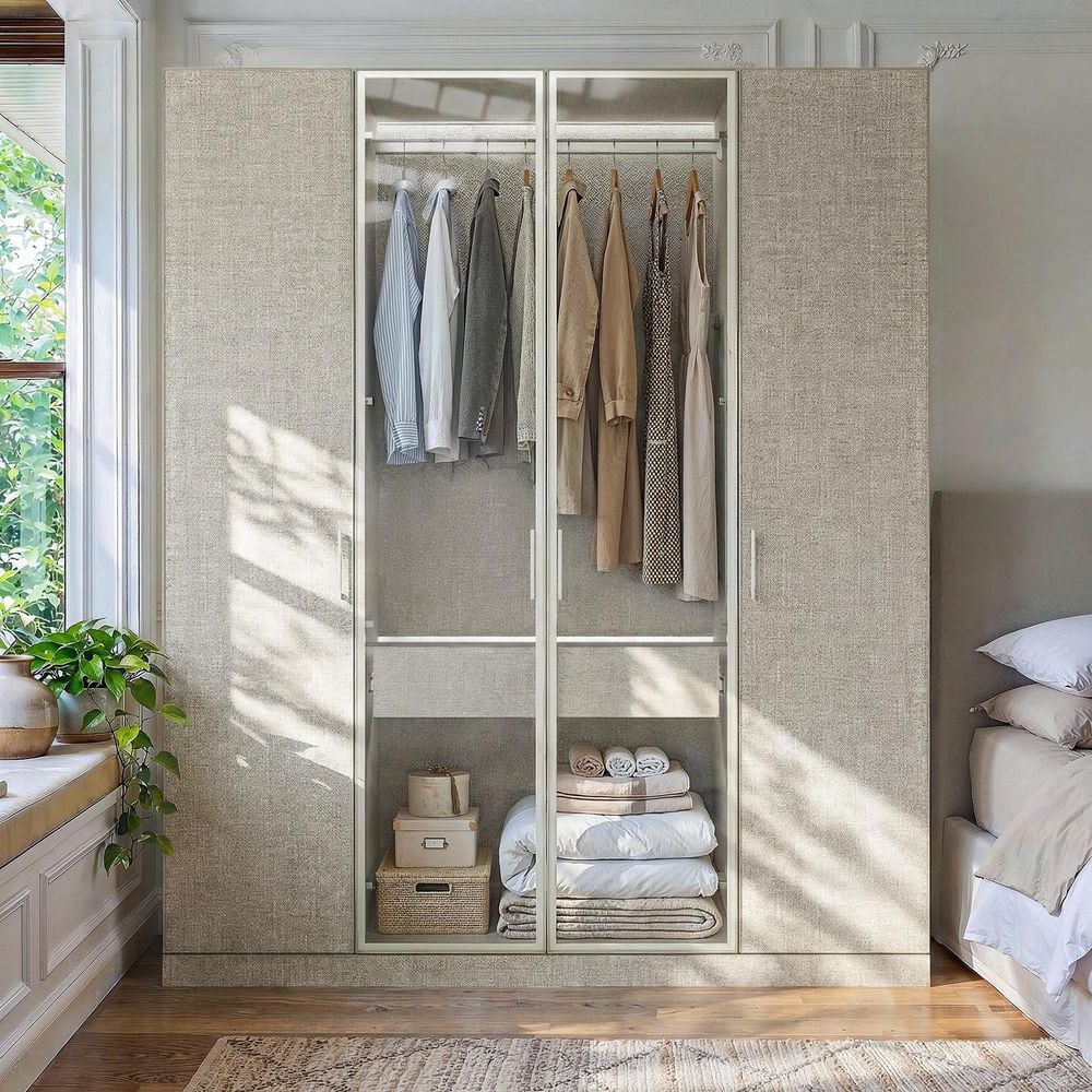 Homsee Gray Wood 63 in. Wardrobe Armoire Closet with LED Lighting