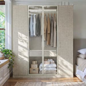 Gray Wood 63 in. Wardrobe Armoire Closet with LED Lighting, Hanging Rod, Glass Doors and Storage Shelf
