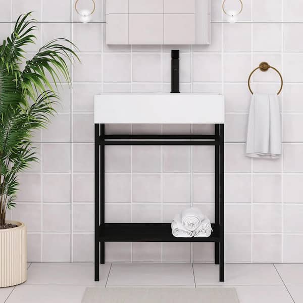 24 in. W x 14 in. D x 33 in. H Single Sink Freestanding Bath Vanity in Black with White Ceramic Top
