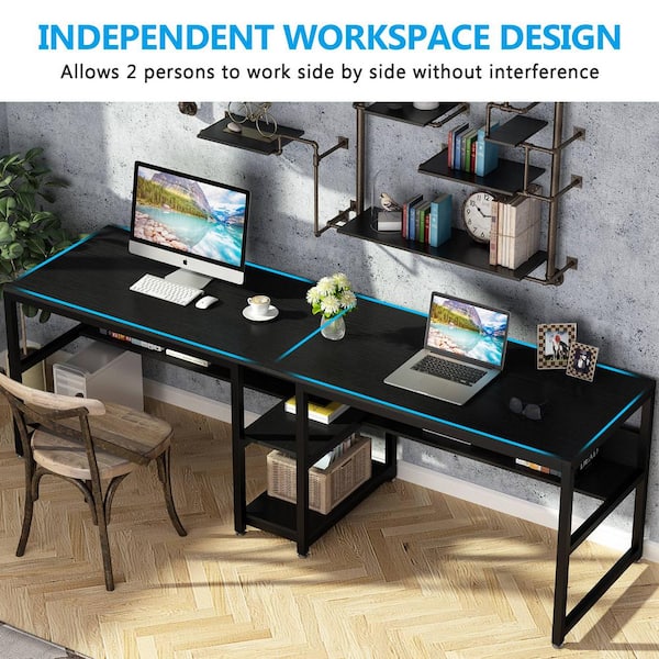 Tribesigns Cassey  in. Retangular Black Wood and Metal Computer Desk  Double Desk for Two Person with Shelf TJHD-QP-0349 - The Home Depot