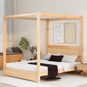 Brown Wood Frame Queen Size Canopy Platform Bed with Headboard and Support Legs