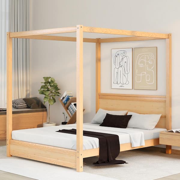 Polibi Brown Wood Frame Queen Size Canopy Platform Bed with Headboard and Support Legs