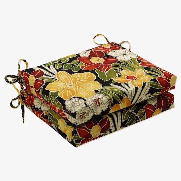 Pillow Perfect Floral 18.5 in. x 16 in. Outdoor Dining Chair Cushion in Black/Green (Set of 2)