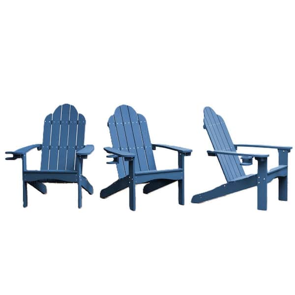 LUE BONA Grant Curveback Navy Blue Recycled HDPS Plastic Outdoor Patio Adirondack Chair with Cup Holder Fire Pit Chair Set of 3