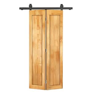 22 in. x 80 in. 1 Panel Shaker Hollow Core Weather Oak Pine Wood Bi-fold Door with Sliding Barn Door Hardware Kit