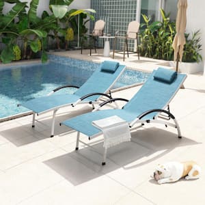 2-Piece Aluminum Adjustable Outdoor Chaise Lounge with Headrest in Blue
