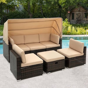 7-Pieces PE Rattan Wicker Outdoor Patio Furniture Sectional Cushioned Sofa Sets w/Beige Cushion and Coffee Table in Gray