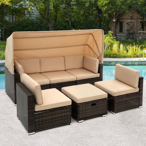 Cesicia 7-Pieces PE Rattan Wicker Outdoor Patio Furniture Sectional Cushioned Sofa Sets w/Beige Cushion and Coffee Table in Gray