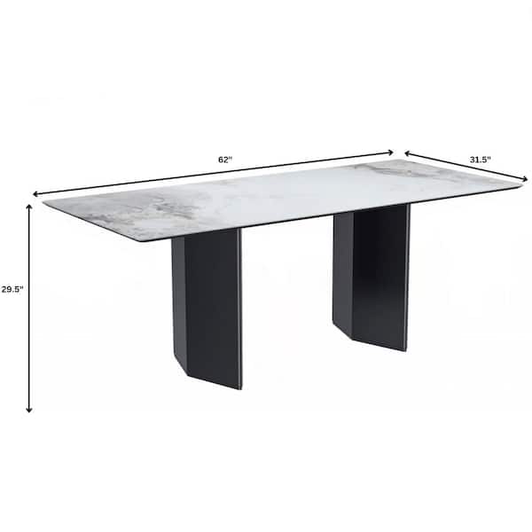 Leisuremod Lior Rectangular 62 in. Sintered Stone Dining Table in Black Double Pedestal Steel Legs in Medium Grey Seats 6