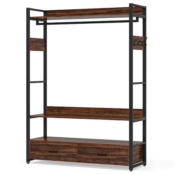 Tribesigns Cynthia Brown Freestanding Garment Rack with 2-Drawers, 6 Hooks, Storage Shelves and Hang Rod