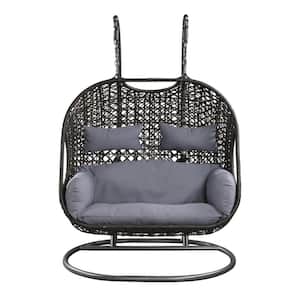 Black Wicker Double-Seat Patio Swing Chair with Stand and Gary Cushions