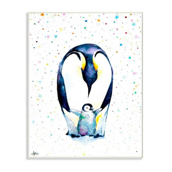 Stupell Industries 12.5 in. x 18.5 in. "Watercolor Polka Dot Splatter Penguin Mom and Baby Family" by Marc Allante Wood Wall Art