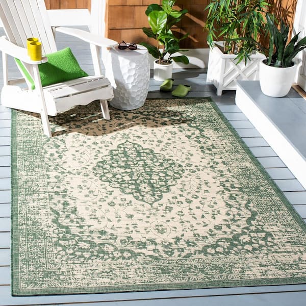 Courtyard Beige/Dark Green 8 ft. x 10 ft. Medallion Floral Border Indoor/Outdoor Patio  Area Rug