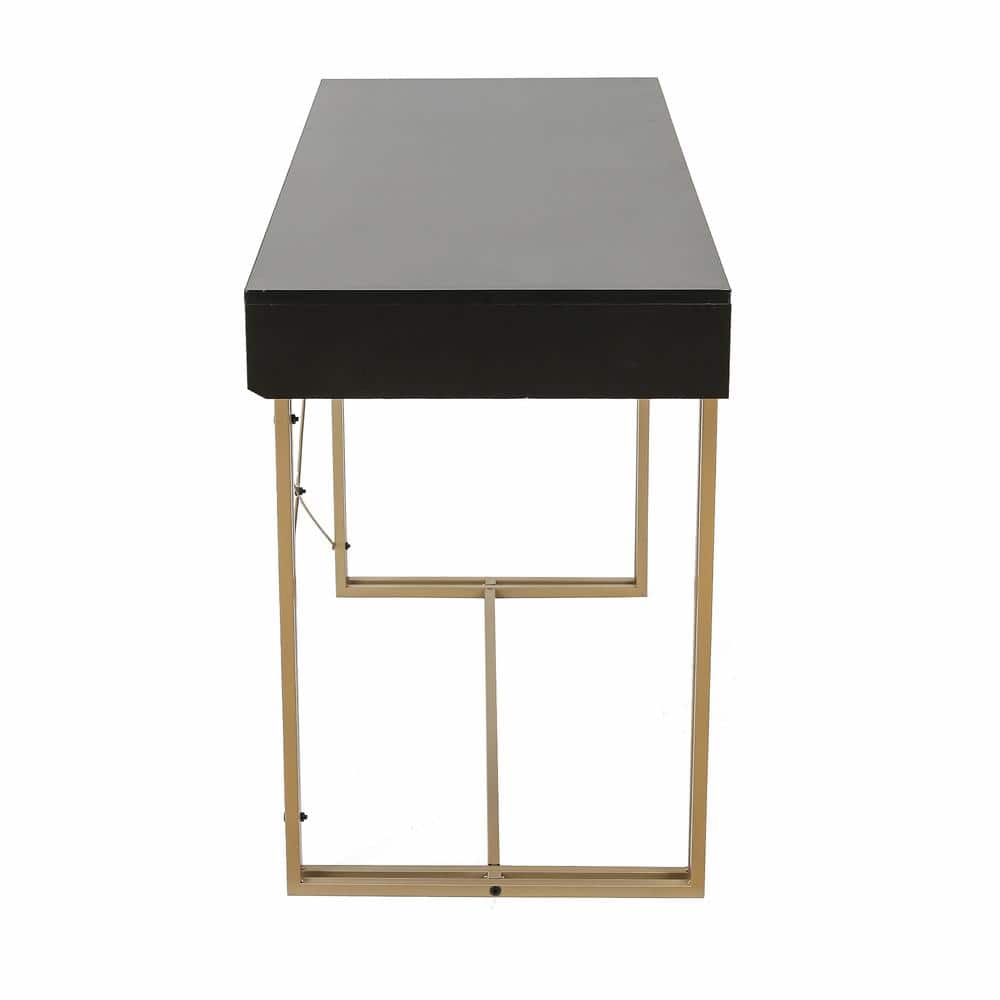 Modern Black Wood Desk with Gold Legs and Drawer