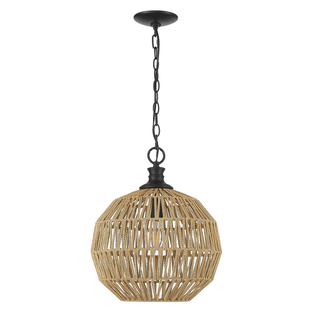 Florence Matte Black and Raphia Rope Globe Pendant Light