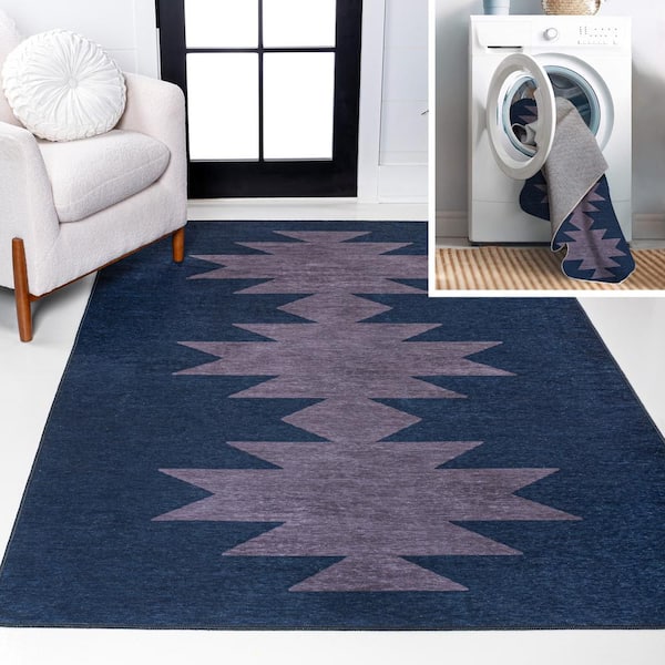 Chayton Minimalist Geometric Machine-Washable Navy/Purple 9 ft. x 12 ft. Area Rug