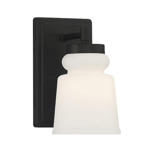 TUXEDO PARK LIGHTING 5 in. W x 8. 5 in. H 1-Light Matte Black Vanity Light Wall Sconce with a White Frosted Glass Shade