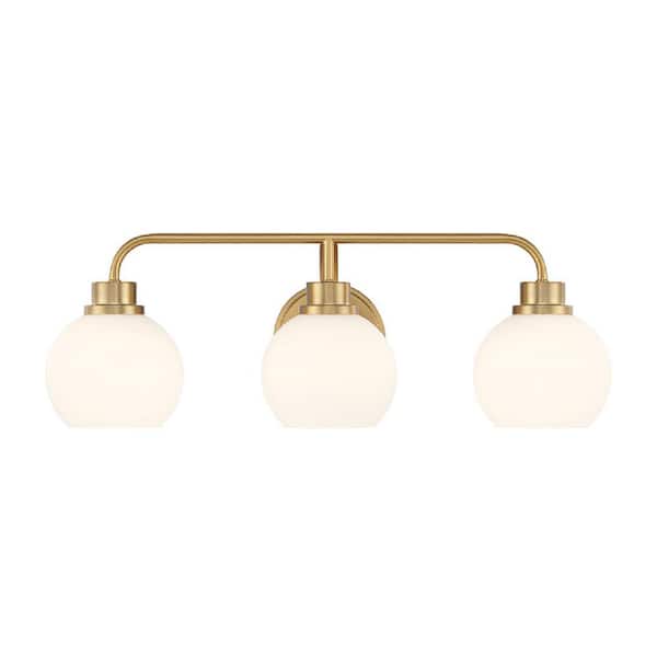 TUXEDO PARK LIGHTING 24 in. W x 8.25 in. H 3-Light Natural Brass Contemporary Bathroom Vanity Light with White Opal Glass Shades