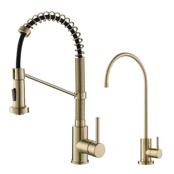 KRAUS Bolden Commercial 1-Handle Pull-Down Kitchen Faucet and Purita Water Filtration Faucet in Brushed Gold