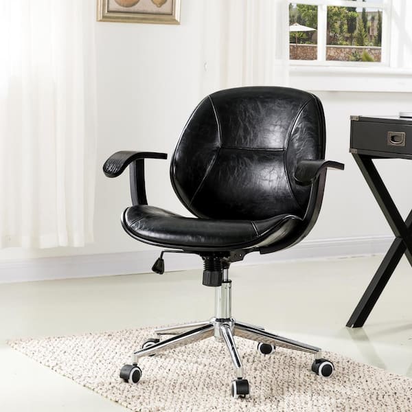 Glitzhome 38 in. H Black PU Leather Adjustable Swivel Desk Chair/Task Chair