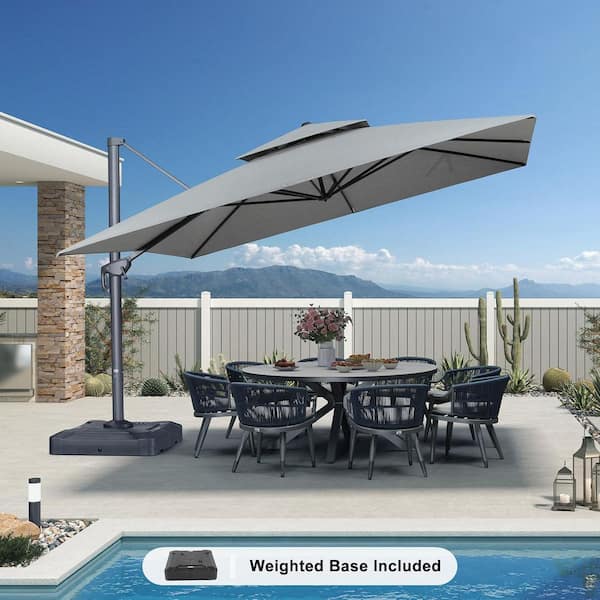 PURPLE LEAF 12 ft. Square Double Top Aluminum Rotation Outdoor Cantilever Patio Umbrella with Base, Light Gray