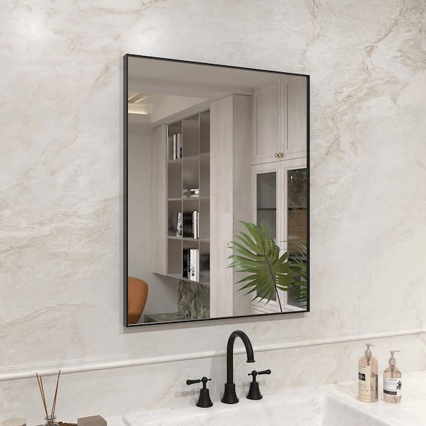 24 in. W x 30 in. H Rectangular Framed Wall Bathroom Vanity Mirror in Matte Black
