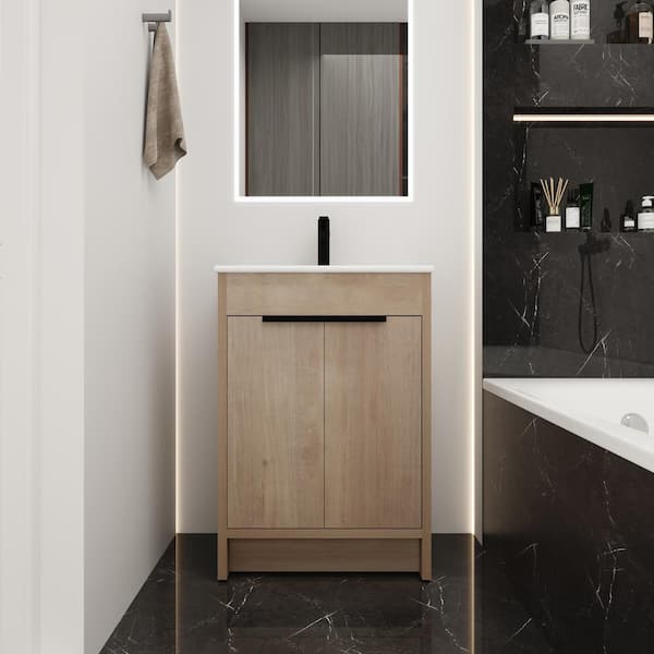24 in. W x 18 in. D x 34 in. H Freestanding Oak Bath Vanity with White Ceramic Sink and 2 Soft-Close Cabinet Doors