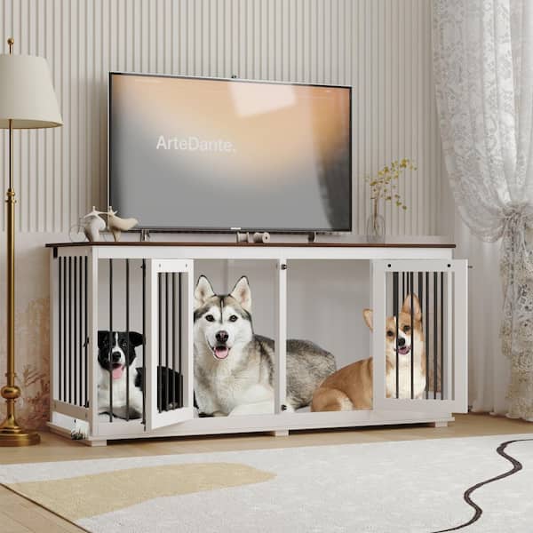 FUFU&GAGA Large Dog Crate Furniture for 2 Dogs, XL Wooden Heavy-Duty Dog Crate Kennel with Divider for Large Medium Dogs, White