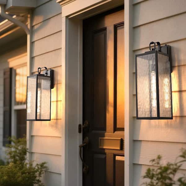 18 in. Black Water Ripple Glass Large Outdoor Wall Lights 2 Pack, Waterproof Dusk to Dawn Porch Light for Garden