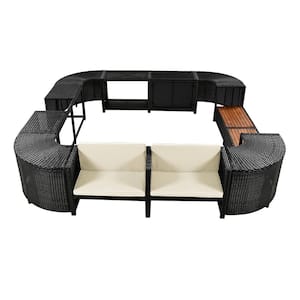 Black Quadrilateral Wicker Outdoor Sectional Set, Spa Surround Rattan Sofa Set with Wooden Seats and Beige Cushions