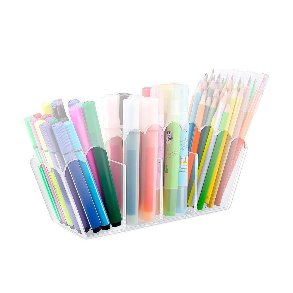 Acrylic Scalloped Edge 4-Compartment Clear Desk Organizer Pen Holder Makeup Brush Remote Caddy Office Supply price history on PriceWatchPro