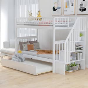 White Multi-functional Twin Size Bunk Beds With Shelves, Solid Wood Bunk Beds with Trundle and Stairways for Kids