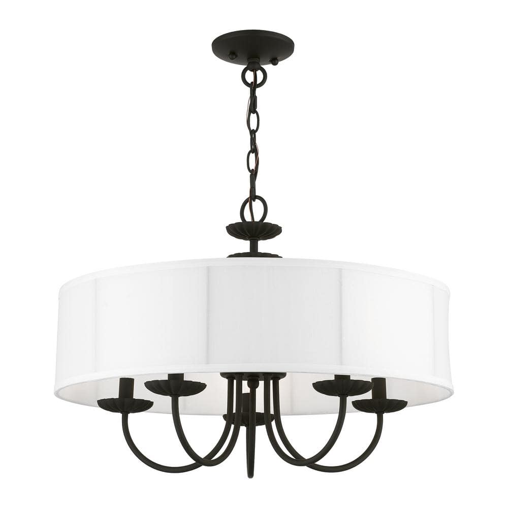 Brookdale Black Steel 5-Light Drum Pendant with Off-White Shade