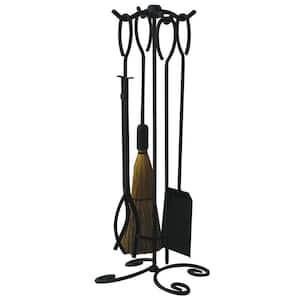 Black Wrought Iron 5-Piece Fireplace Tool Set with Ring Handles and Heavy Weight Steel Construction