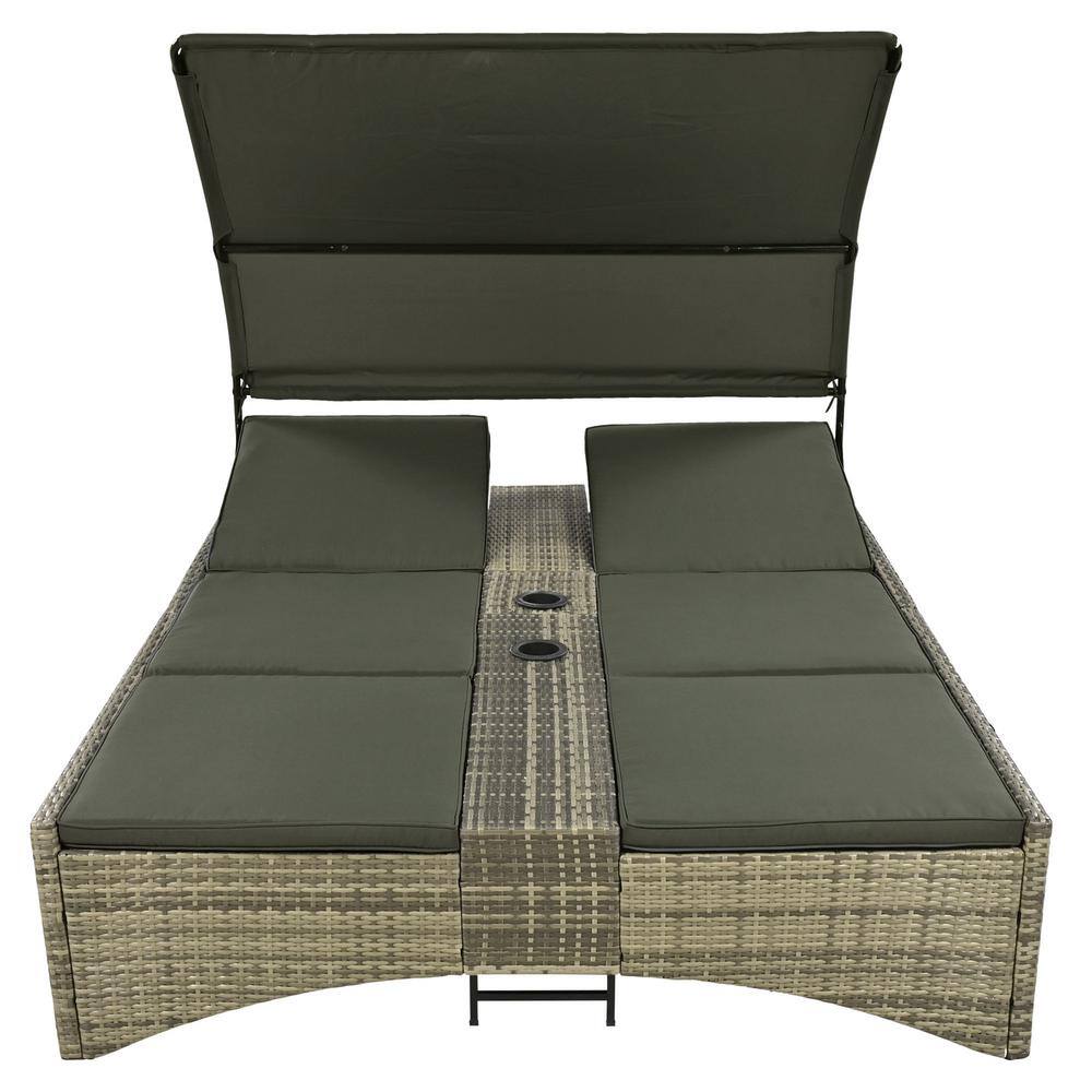 Metal Outdoor Day Bed with Green Cushions, with Shelter Roof with Adjustabl