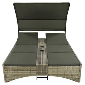 Metal Outdoor Day Bed with Green Cushions, with Shelter Roof with Adjustable Backrest and Storage Box and 2 Cup Holders