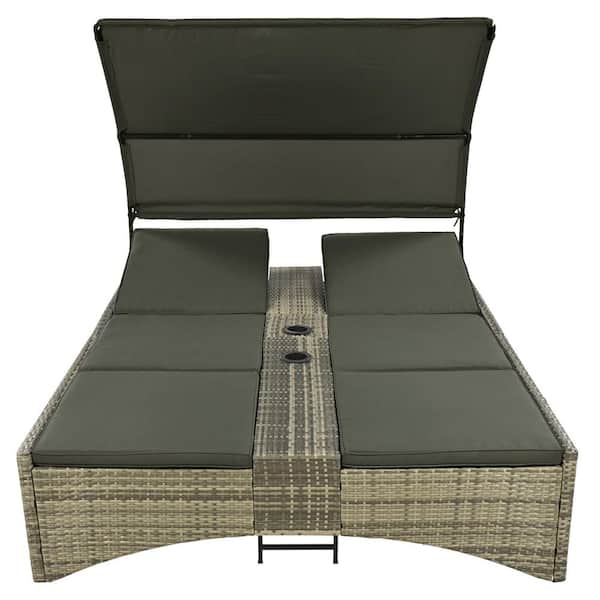 Unbranded Metal Outdoor Day Bed with Green Cushions, with Shelter Roof with Adjustable Backrest and Storage Box and 2 Cup Holders