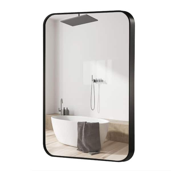 Rior 24 in. W x 32 in. H Rectangular Aluminum Framed Rounded Modern Wall HD Bathroom Vanity Mirror in Matte Black