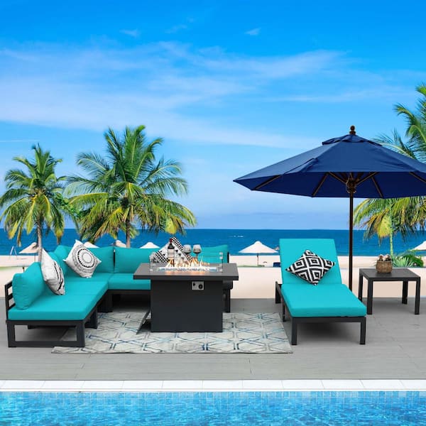 FINCATI Modern 8 Piece Aluminum Patio Conversation Sofa Set, Fire Pit Table Chaise Lounge and Teal Cushions