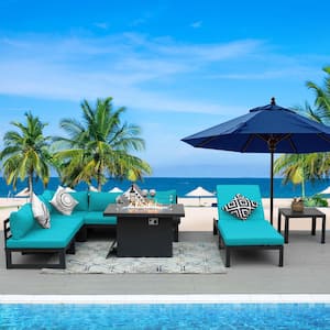 Modern 8 Piece Aluminum Patio Conversation Sofa Set, Fire Pit Table Chaise Lounge and Teal Cushions