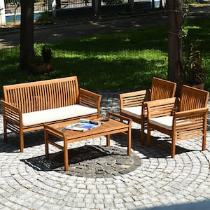 4-Pieces Outdoor Acacia Wood Sofa Furniture Set with Beige Cushion